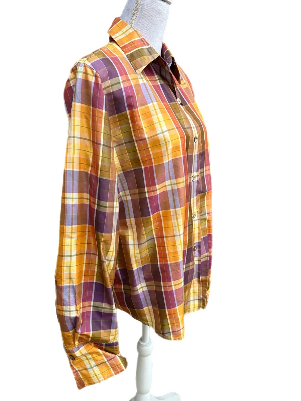 NWOT Linda Allard Ellen Tracy Plaid Button-Up Shirt in Mustard, Purple & Olive